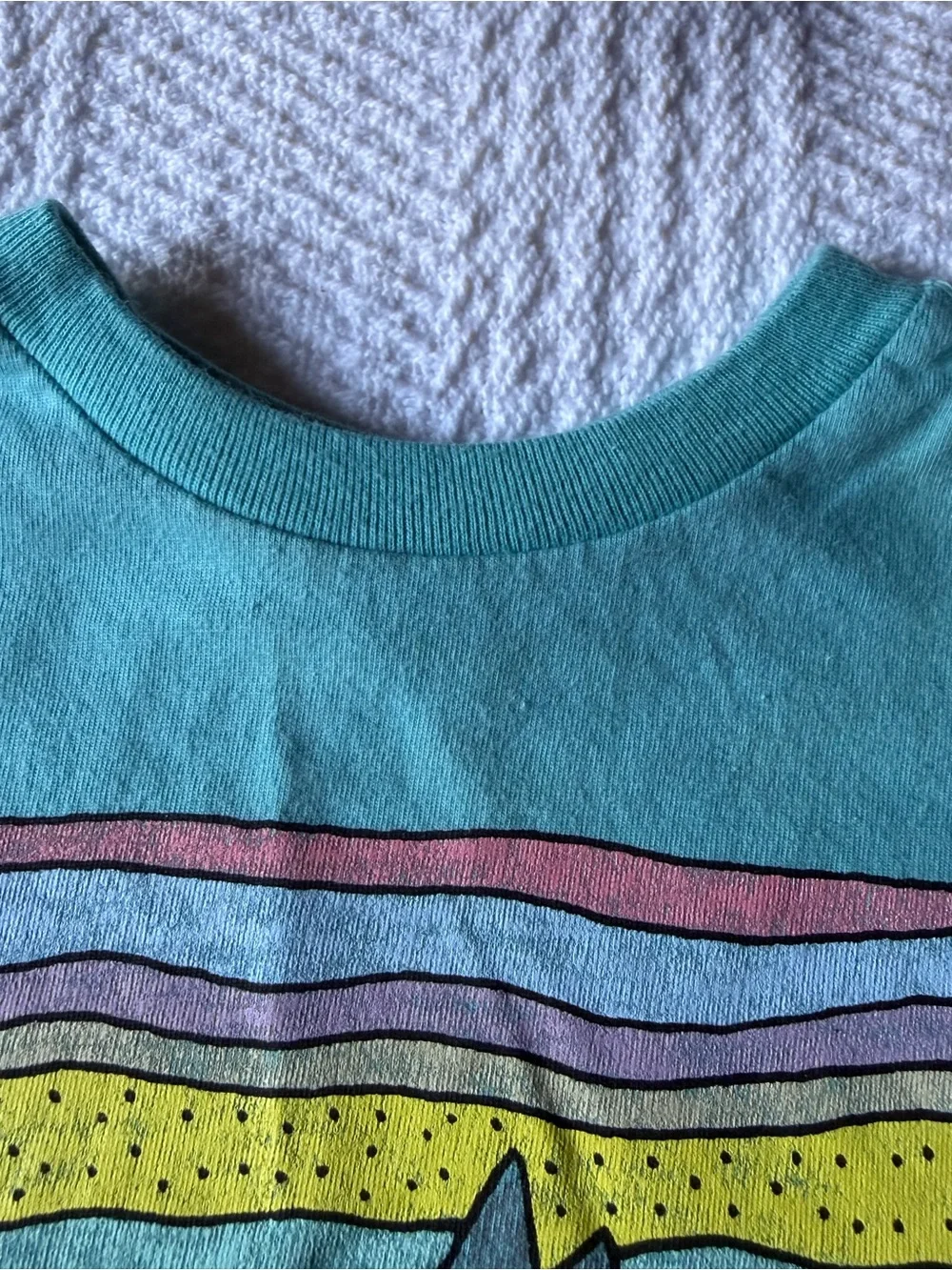 Patagonia Kids Teal Graphic Pajama Top with Multicolor Stripe Design